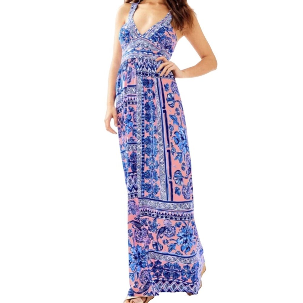 Lilly Pulitzer Taryn Maxi Dress Melon Fig Ginger Jar Sleeveless Pink Blue small